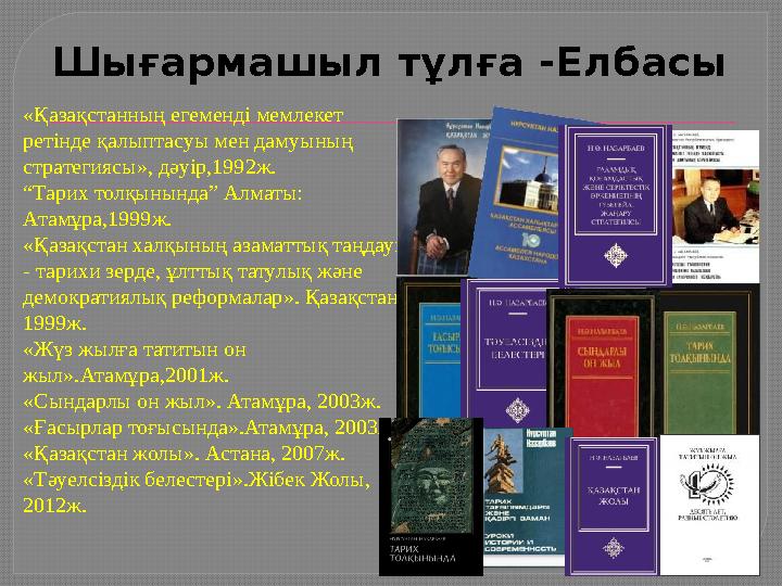 Шығармашыл тұлға -Елбасы «Қазақстанның егеменді мемлекет ретінде қалыптасуы мен дамуының стратегиясы», дәуір,1992ж. “Тарих
