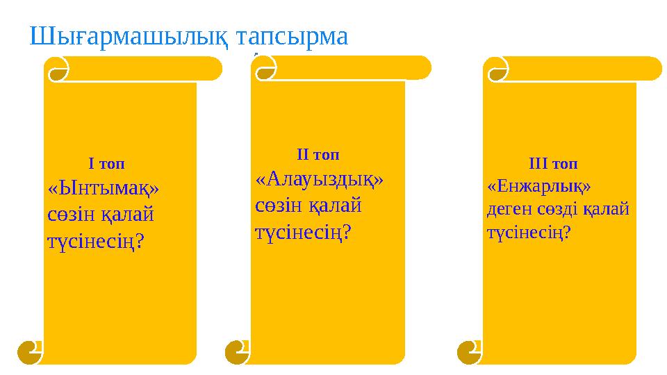 Шығармашылық тапсырма ІІІ топ «Енжарлық» деген сөзді қалай түсінесің? ІІ топ «Алауызд
