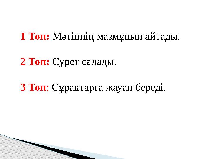 1 Топ: Мәтіннің мазмұнын айтады. 2 Топ: Сурет салады. 3 Топ: Сұрақтарға жауап береді.