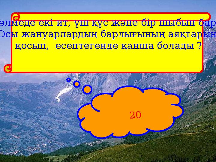Бөлмеде екі ит, үш құс және бір шыбын бар. Осы жануарлардың барлығының аяқтарын қосып, есептегенде қанша болады ? 20
