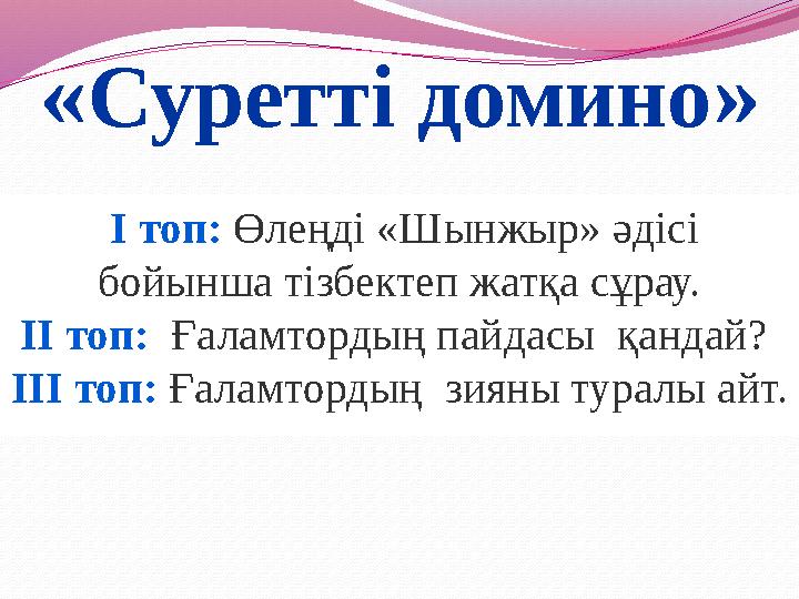 «Суретті домино» I топ: Өлеңді «Шынжыр» әдісі бойынша тізбектеп жатқа сұрау. II топ: Ғаламтордың пайдасы қандай? III топ: Ғ