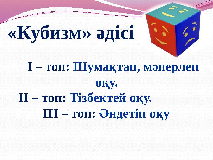 «Кубизм» әдісі I – топ: Шумақтап, мәнерлеп оқу. II – топ: Тізбектей оқу. III – топ: Әндетіп оқу