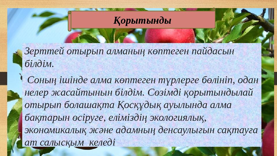 Зерттей отырып алманың көптеген пайдасын білдім. Соның ішінде алма көптеген түрлерге бөлініп, одан нелер жасайтынын білдім. С