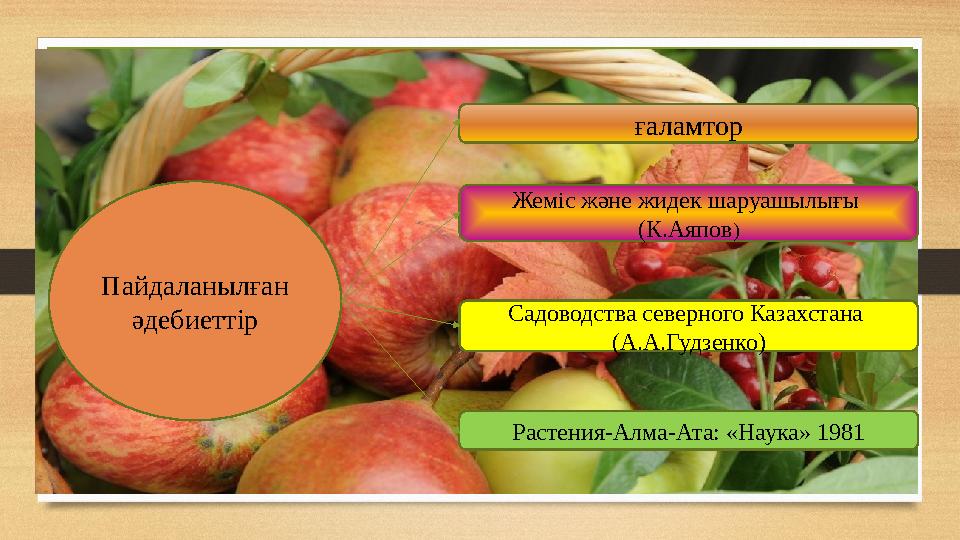 Пайдаланылған әдебиеттір ғаламтор Жеміс және жидек шаруашылығы (К.Аяпов) Садоводства северного Казахстана (А.А.Гудзенко) Ра