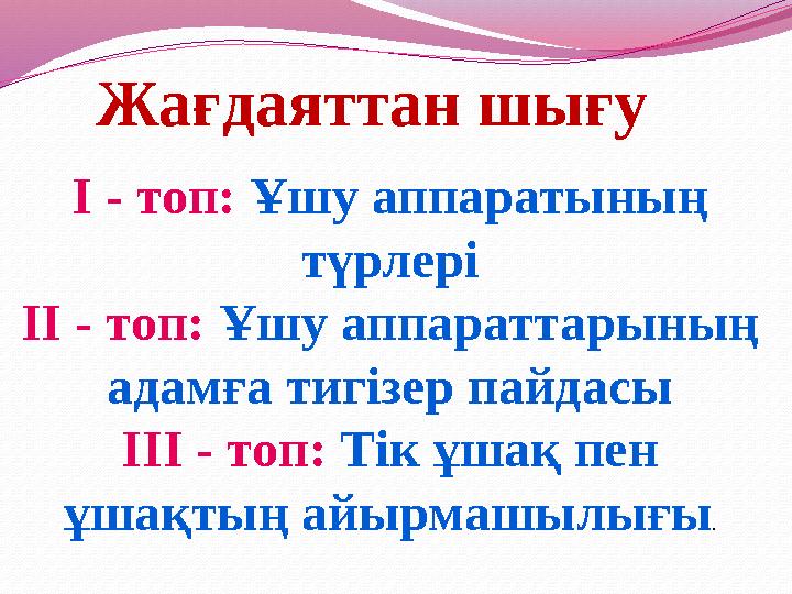 Жағдаяттан шығу І - топ: Ұшу аппаратының түрлері ІІ - топ: Ұшу аппараттарының адамға тигізер пайдасы ІІІ - топ: Тік ұшақ пен