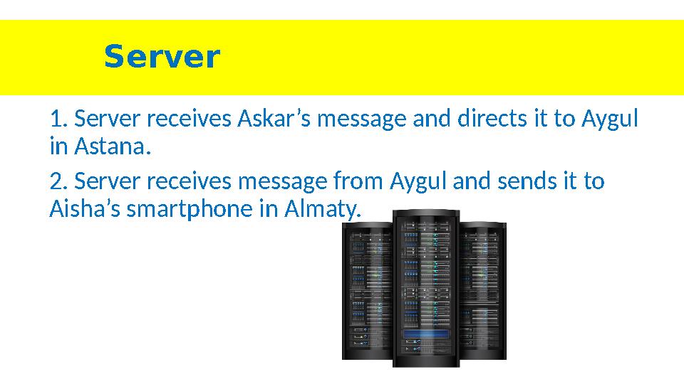 Server 1. Server receives Askar’s message and directs it to Aygul in Astana. 2. Server receives message from Aygul and