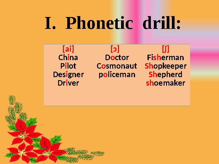 I. Phonetic drill: [ai] Ch i na P i lot Des i gner Dr i ver [ ɔ] D o ctor C o smonaut p o liceman [ ʃ] Fi sh erman Sh opkeep