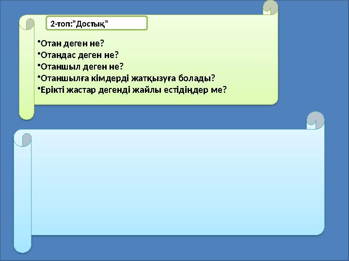 •Отан деген не? •Отандас деген не? •Отаншыл деген не? •Отаншылға кімдерді жатқызуға болады? •Ерікті жастар дегенді жайлы естіді