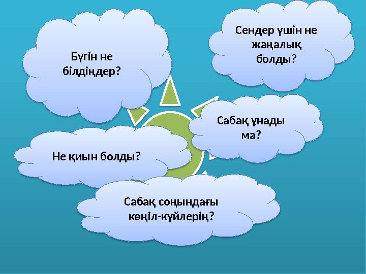Бүгін не білдіңдер? Сендер үшін не жаңалық болды? Не қиын болды? Сабақ ұнады ма? Сабақ соңындағы