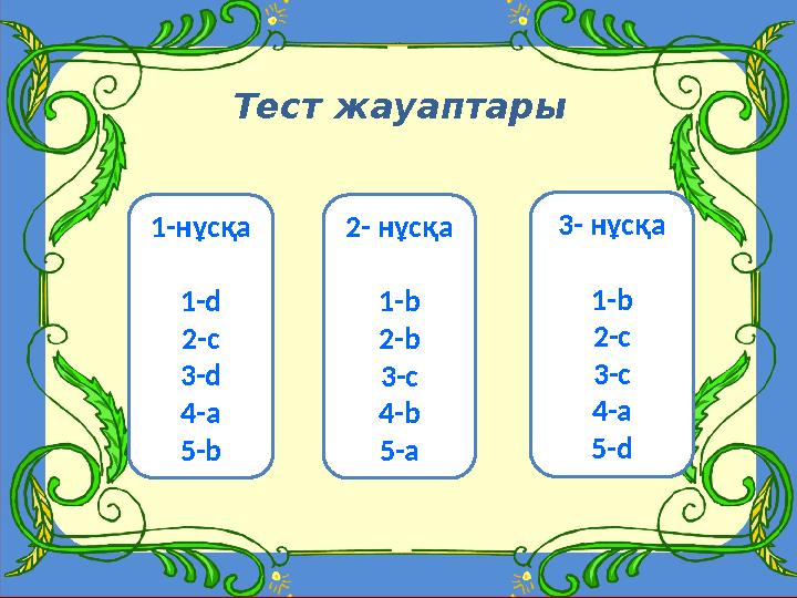 Тест сұрақтары Тест жауаптары 1-нұсқа 1- d 2-c 3-d 4-a 5-b 2- нұсқа 1-b 2-b 3-c 4-b 5-a 3- нұсқа 1-b 2-c 3-c 4-a 5-d