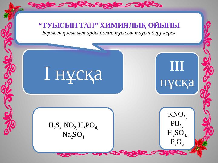 І нұсқа H 2 S, NO 2, H 3 PO 4, Na 2 SO 4 ІІІ нұсқа KNO 3, PH 3, H 2 SO 4, P 2 O 5 “ТУЫСЫН ТАП” ХИМИЯЛЫҚ ОЙЫНЫ Берілген қо