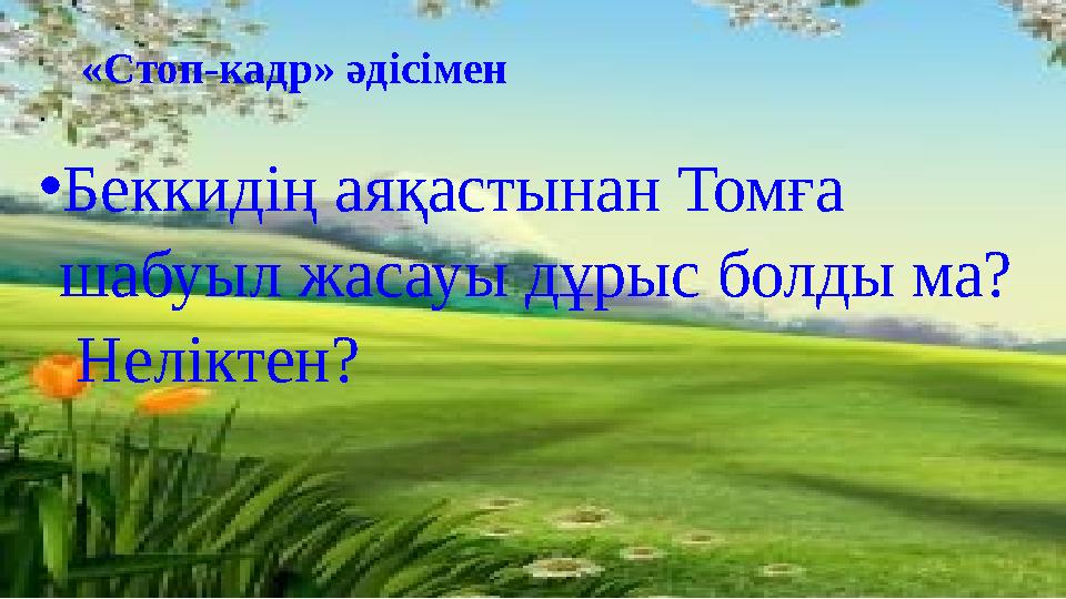 «Стоп-кадр» әдісімен . • Беккидің аяқастынан Томға шабуыл жасауы дұрыс болды ма? Неліктен?