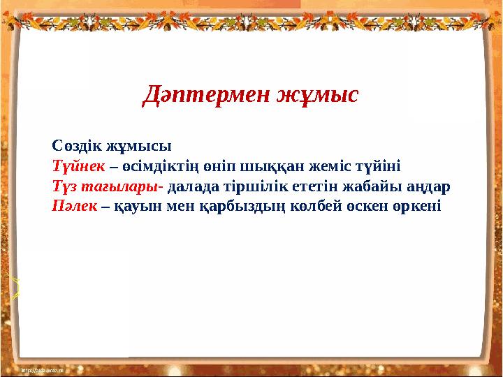 Дәптермен жұмыс Сөздік жұмысы Түйнек – өсімдіктің өніп шыққан жеміс түйіні Түз тағылары- далада тіршілік ететін жабайы аңдар Пәл
