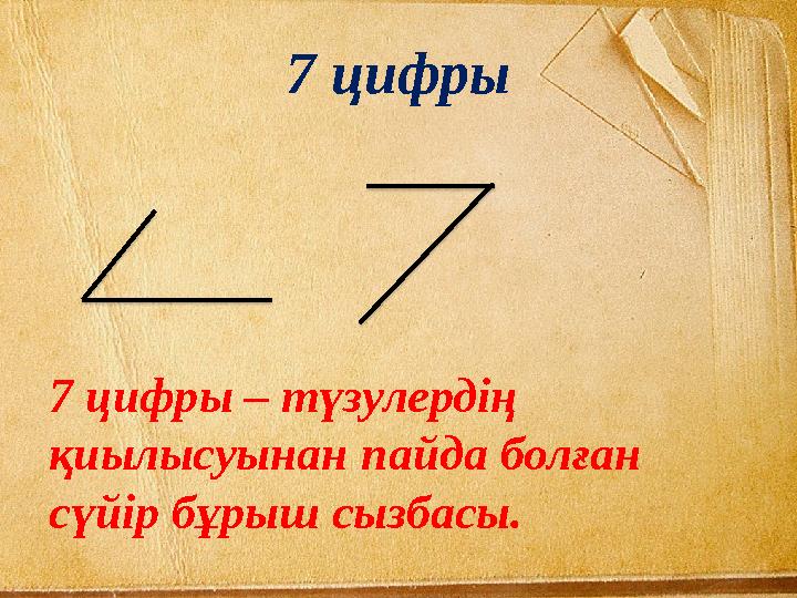 7 цифры 7 цифры – түзулердің қиылысуынан п айда болған сүйір бұрыш сызбасы.