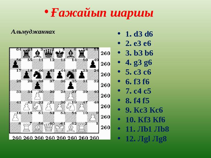 • 1. d3 d6 • 2. е3 е6 • 3. b З b 6 • 4. g3 g6 • 5. с3 с6 • 6. f3 f6 • 7. c 4 c 5 • 8. f4 f5 • 9. К c 3 К c 6 • 10.