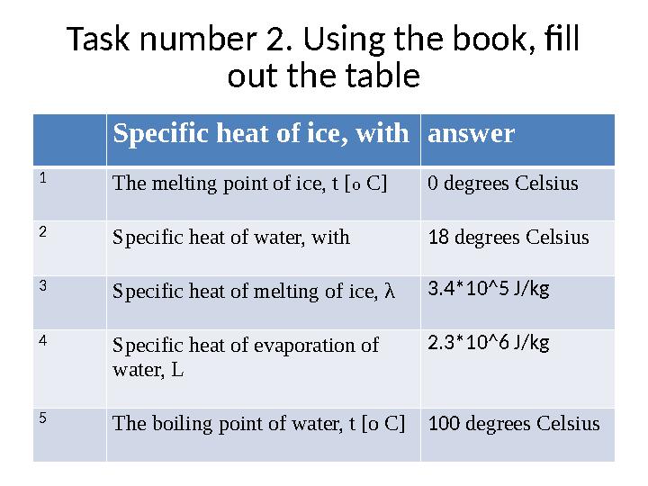 Task number 2. Using the book, fill out the table Specific heat of ice, with answer 1 The melting point of ice, t [o C]0 degree