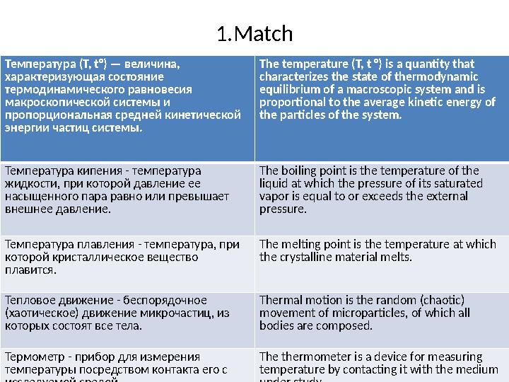 1.Match Температура (Т, t°) — величина, характеризующая состояние термодинамического равновесия макроскопической системы и п