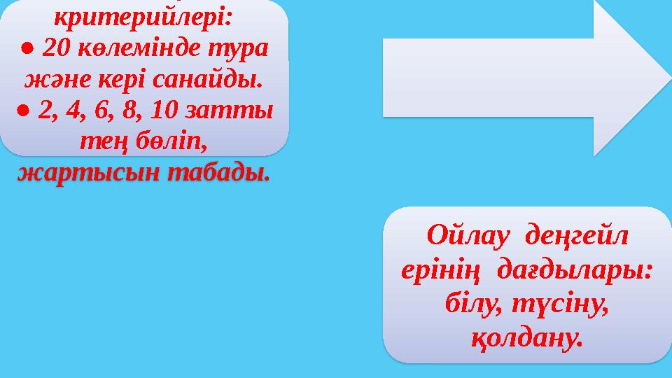 Бағалау критерийлері: ● 20 көлемінде тура және кері санайды. ● 2, 4, 6, 8, 10 затты тең бөліп, жартысын табады. Ойлау д