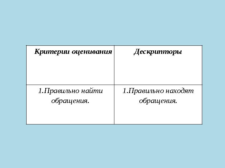 Критерии оценивания Дескрипторы 1.Правильно найти обращения. 1.Правильно находят обращения.