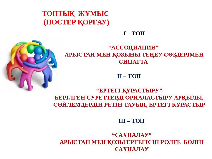 . ТОПТЫҚ ЖҰМЫС (ПОСТЕР ҚОРҒАУ) ІІІ – ТОП “САХНАЛАУ” АРЫСТАН МЕН ҚОЗЫ ЕРТЕГІСІН РӨЛГЕ БӨЛІП САХНАЛАУ ІІ – ТОП “ЕРТЕГІ ҚҰРАС