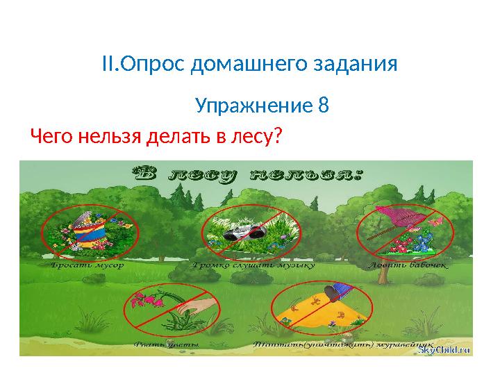 II.Опрос домашнего задания Упражнение 8 Чего нельзя делать в лесу?