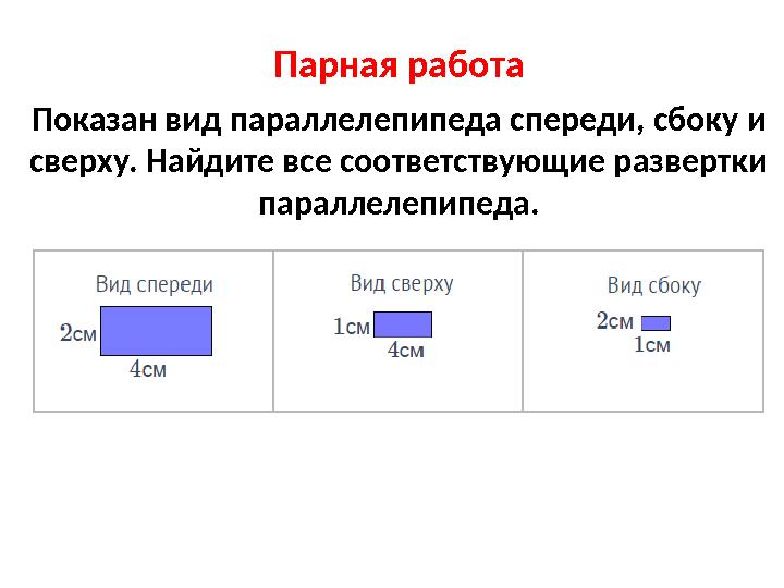 Парная работа Показан вид параллелепипеда спереди, сбоку и сверху. Найдите все соответствующие развертки параллелепипеда.