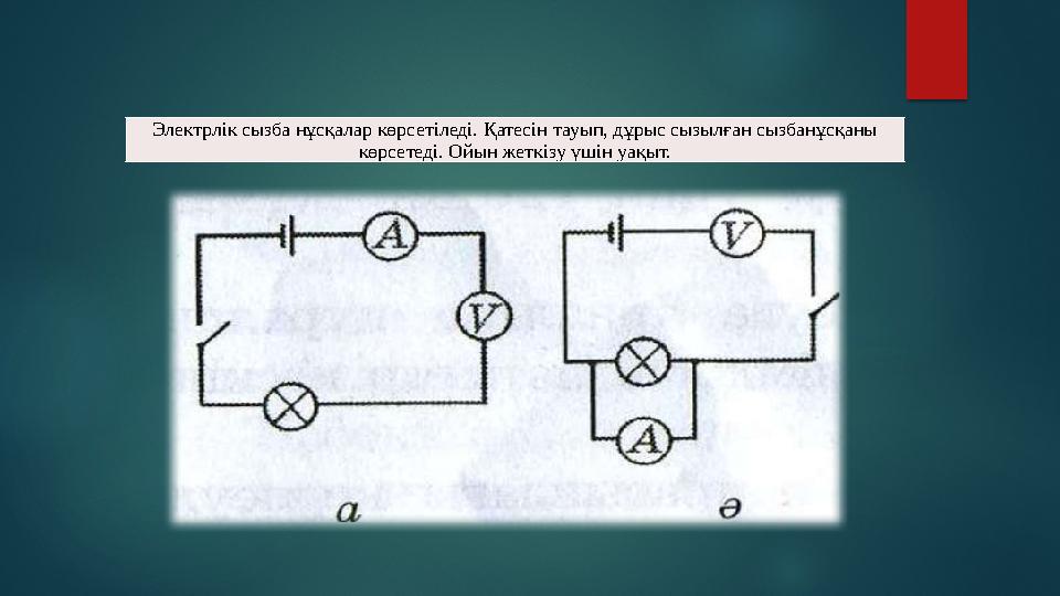 Электрлік сызба нұсқалар көрсетіледі. Қатесін тауып, дұрыс сызылған сызбанұсқаны көрсетеді. Ойын жеткізу үшін уақыт.