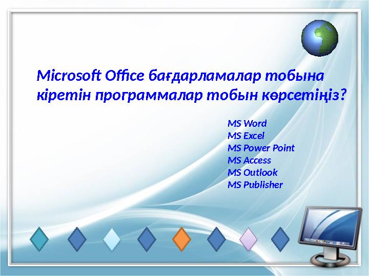 MS Word MS Excel MS Power Point MS Access MS Outlook MS PublisherМ icrosoft Office бағдарламалар тобына кіретін программалар т