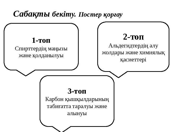 Сабақты бекіту. Постер қорғау 1-топ Спирттердің маңызы және қолданылуы 2-топ Альдегидтердің алу жолдары және химиялық қасиетт