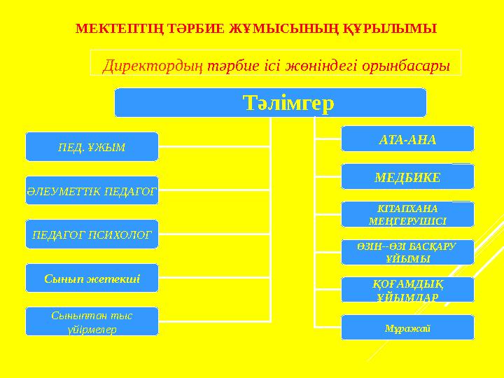 МЕКТЕПТІҢ ТӘРБИЕ ЖҰМЫСЫНЫҢ ҚҰРЫЛЫМЫ ПЕД. ҰЖЫМ ӘЛЕУМЕТТІК ПЕДАГОГ ПЕДАГОГ ПСИХОЛО