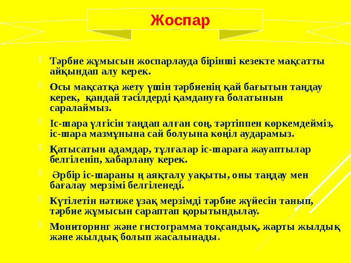 Тәрбие жұмысын жоспарлауда бірінші кезекте мақсатты айқындап алу керек. Осы мақсатқа жету үшін тәрбиенің қай бағытын