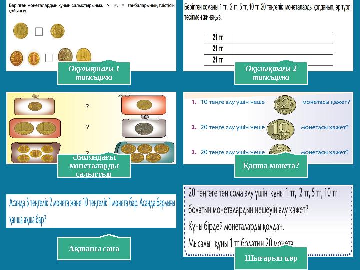 Оқулықтағы 1 тапсырма Оқулықтағы 2 тапсырма Әмияндағы монеталарды салыстыр Қанша монета? Ақшаны сана Шығарып көр