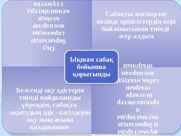 Оқу барысында саралауды жоспарлау кезінде кемшіліктерд і түзеттім Сабақты жоспарлау кезінде әріптестердің кері байланыс