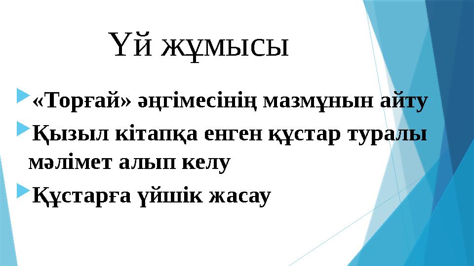 Үй жұмысы «Торғай» әңгімесінің мазмұнын айту Қызыл кітапқа енген құстар туралы мәлімет алып келу Құстарға
