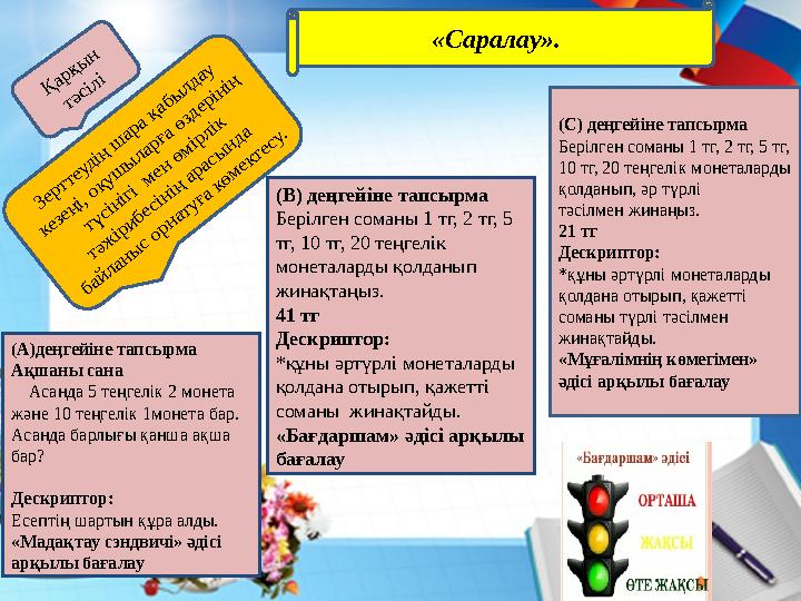«Саралау». 1 (С) деңгейіне тапсырма Берілген соманы 1 тг, 2 тг, 5 тг, 10 тг, 20 теңгелік монеталарды қолданып, әр түрлі тәсі