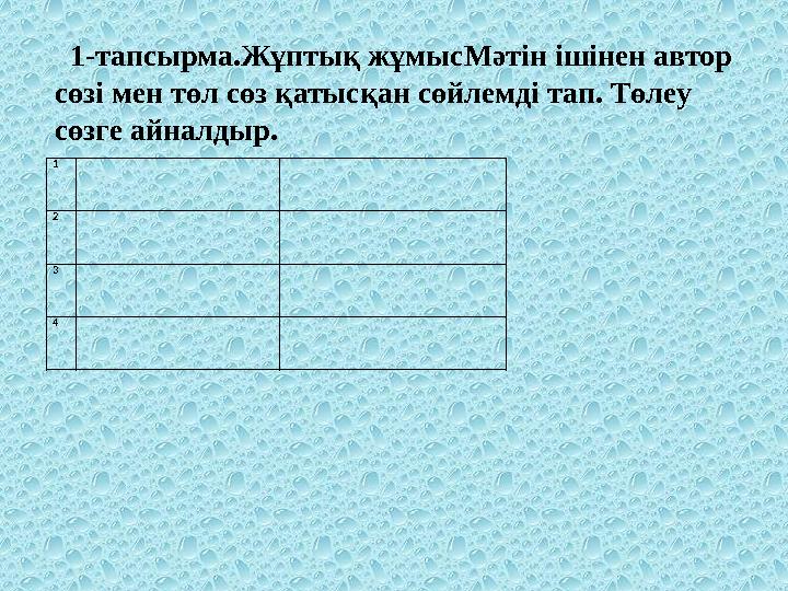 1-тапсырма.Жұптық жұмысМәтін ішінен автор сөзі мен төл сөз қатысқан сөйлемді тап. Төлеу сөзге айналдыр. 1 2 3 4