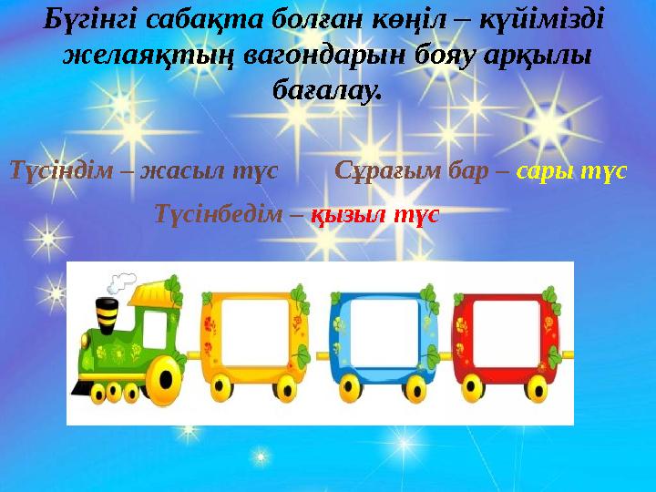 Бүгінгі сабақта болған көңіл – күйімізді желаяқтың вагондарын бояу арқылы бағалау. Түсіндім – жасыл түс Сұрағым бар – с