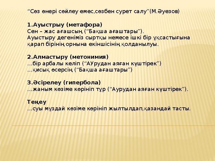 “Сөз өнері сөйлеу емес,сөзбен сурет салу”(М.Әуезов) 1.Ауыстрыу (метафора) Сен – жас ағашсың (“Бақша ағаштары”). Ауыстыру дегені