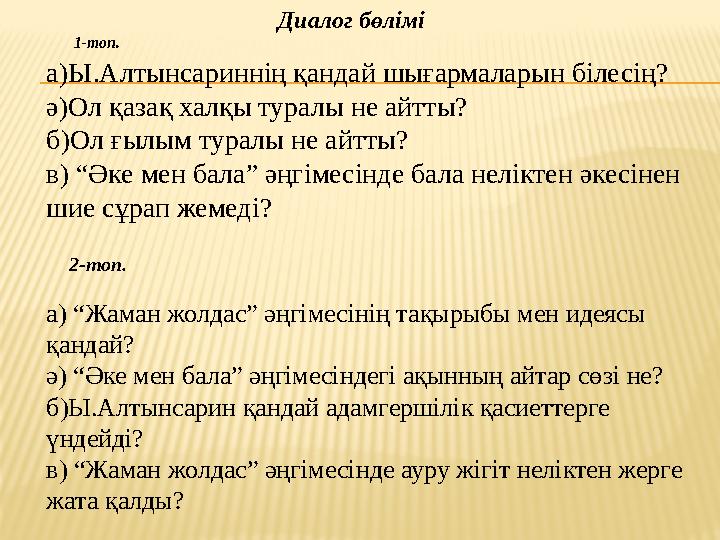 Диалог бөлімі 1-топ. а)Ы.Алтынсариннің қандай шығармаларын білесің? ә)Ол қазақ халқы туралы не айтты? б)Ол ғылым туралы не