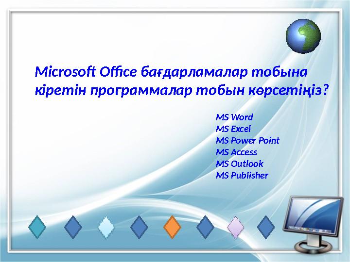 MS Word MS Excel MS Power Point MS Access MS Outlook MS Publisher Мicrosoft Office бағдарламалар тобына кіретін программалар