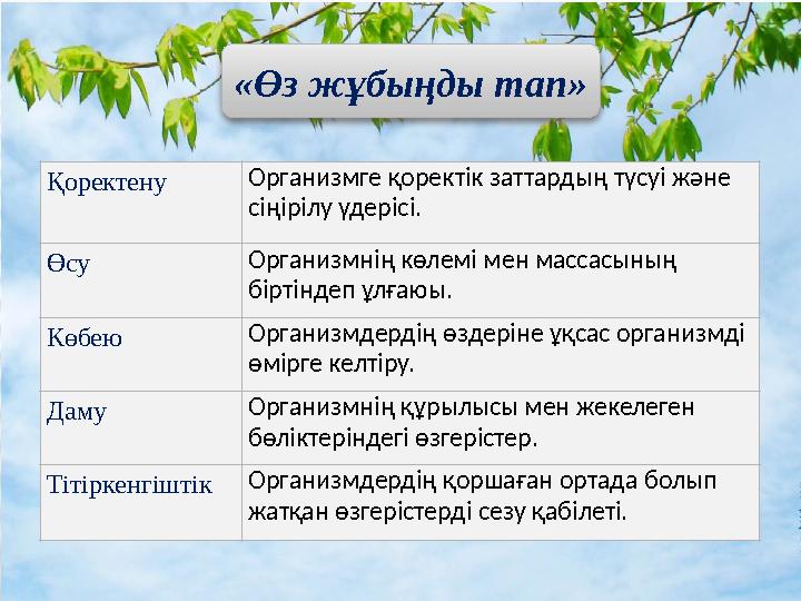 «Өз жұбыңды тап» . Қоректену Организмге қоректік заттардың түсуі және сіңірілу үдерісі. Өсу Организмнің көлемі мен массасы
