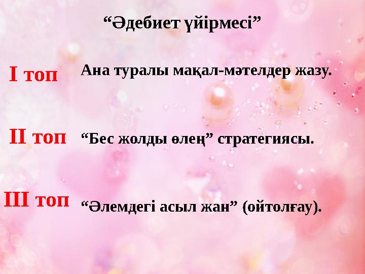 “Әдебиет үйірмесі” І топ ІІ топ ІІІ топ Ана туралы мақал-мәтелдер жазу. “Бес жолды өлең” стратегиясы. “Әлемдегі асыл жан” (ой