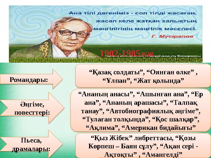 1902-1985жж Романдары: Әңгіме, повесттері: “Ананың анасы”, “Ашынған ана”, “Ер ана”, “Ананың арашасы”, “Талпақ танау”, “Авт