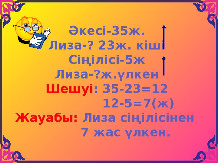 Әкесі-35ж. Лиза-? 23ж. кіші Сіңілісі-5ж Лиза-?ж.үлкен Шешуі: 35-23=12 12-5=7(ж) Жауабы: Лиза сіңілісінен