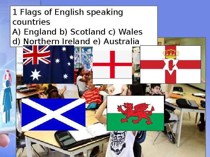 1 Flags of English speaking countries А) England b) Scotland c) Wales d) Northern Ireland e) Australia