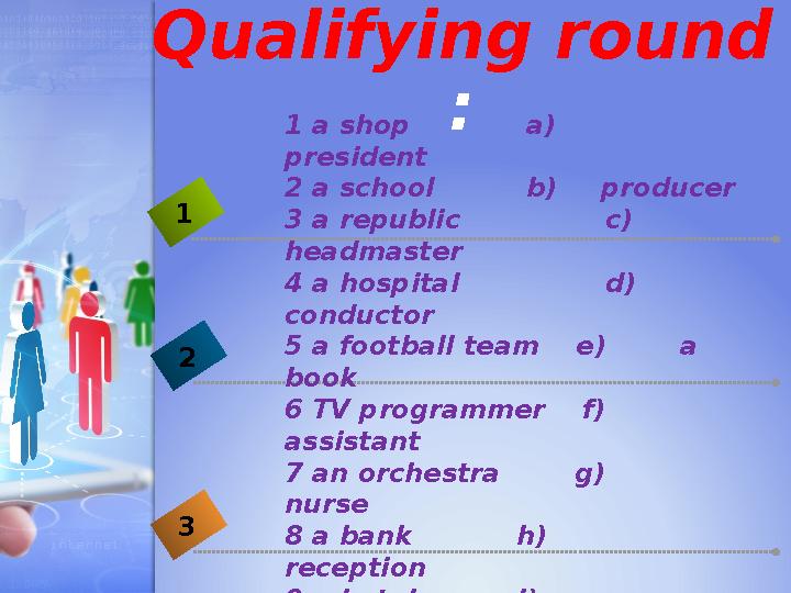 Qualifying round : 1 2 3 1 a shop a) president 2 a school b)producer 3 a republic c) headmaster 4 a hosp
