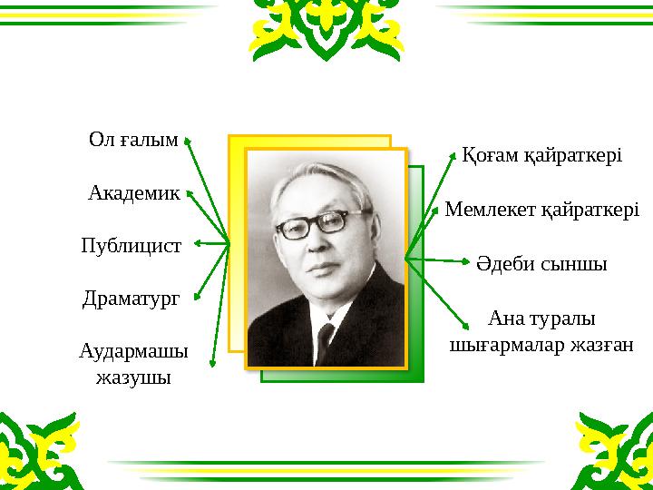 Ана туралы шығармалар жазған Ол ғалым Академик Публицист Драматург Аудармашы жазушы Қоғам қайраткер