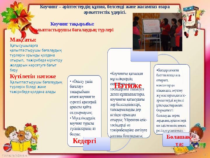 Коучинг – әріптестердің құпия, белсенді және жасампаз өзара әрекеттестік үдерісі. Мақсаты: Қатысушыларға қалыптастырушы баға