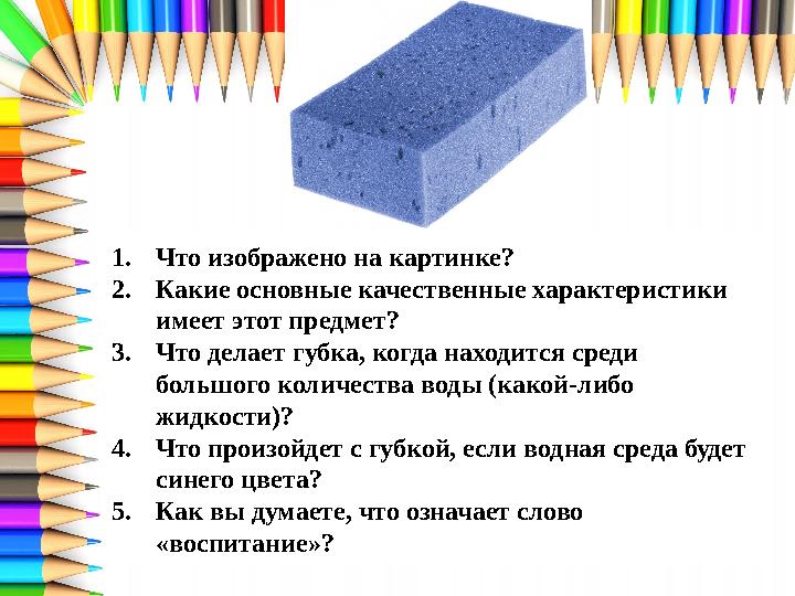 1.Что изображено на картинке? 2.Какие основные качественные характеристики имеет этот предмет? 3.Что делает губка, когда находи