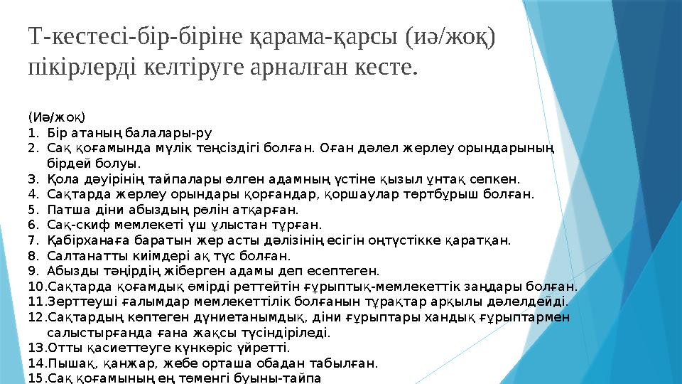 Т-кестесі-бір-біріне қарама-қарсы (иә/жоқ) пікірлерді келтіруге арналған кесте. (Иә/жоқ) 1.Бір атаның балалар